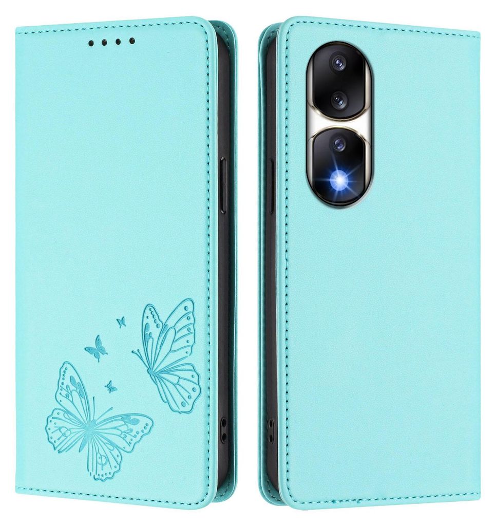 Lederhülle für Honor 90 Pro, Schmetterling Prägung Leder Brieftasche Schutzhülle mit Ständer Türkis