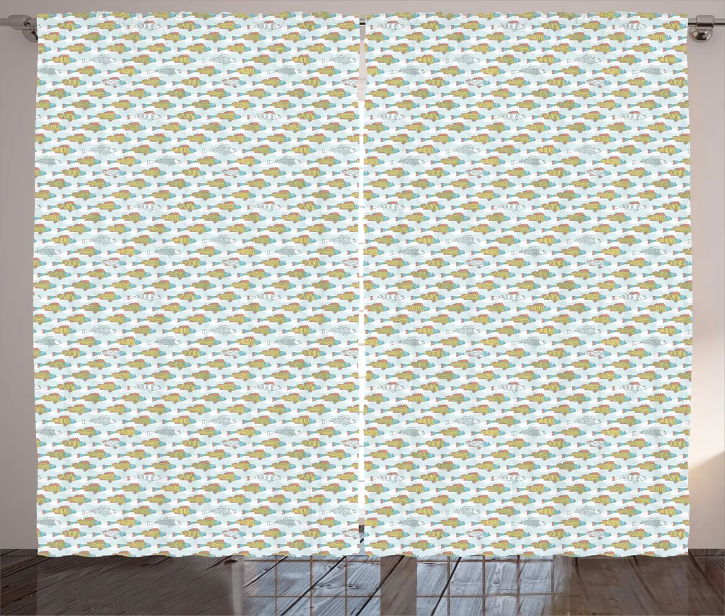 Rideau poissons art marin bleu ciel avec crochets et boucles 280x225cm