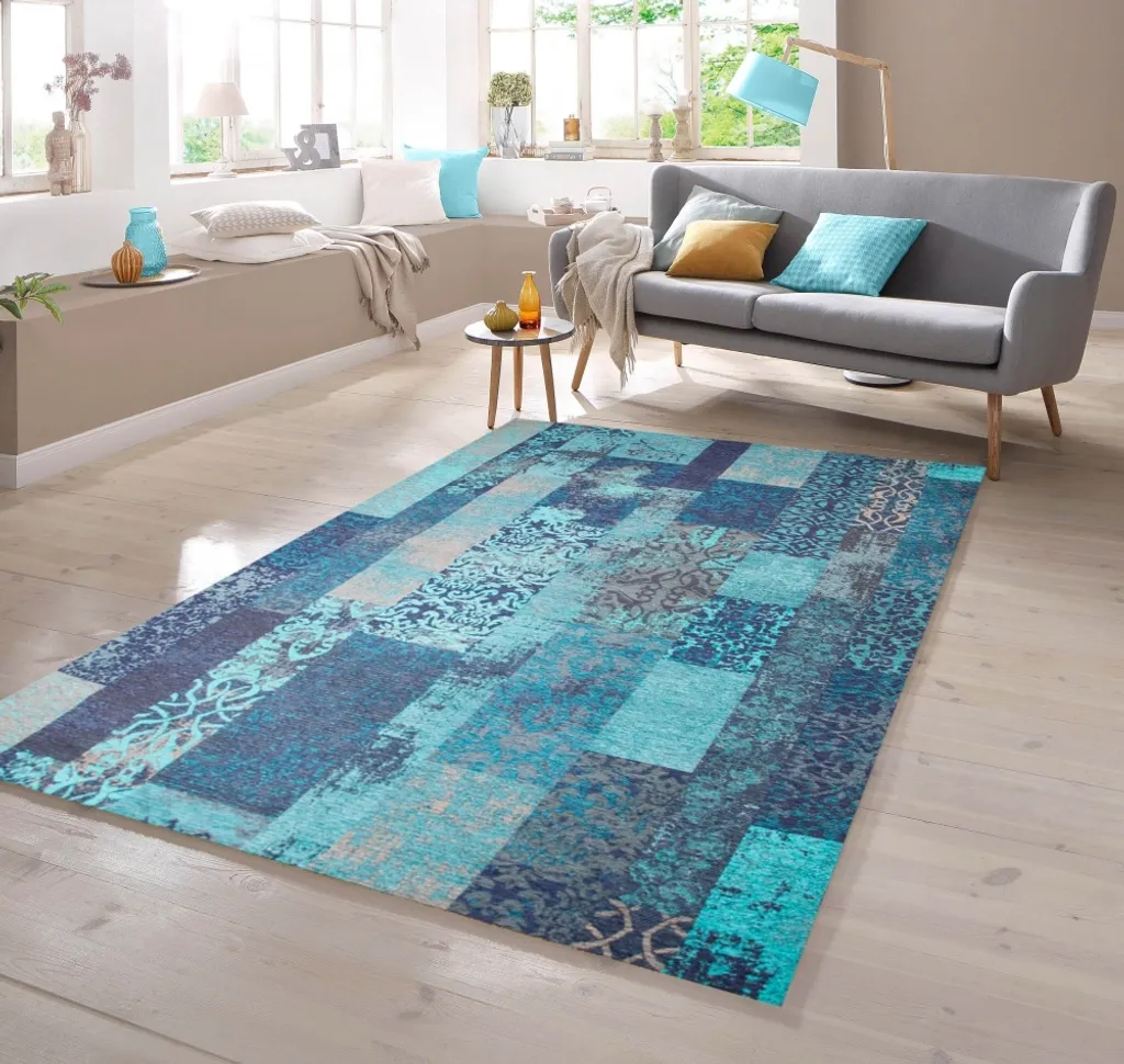 Grand tapis de passage bleu turquoise à motifs carreaux 80 x 250 cm