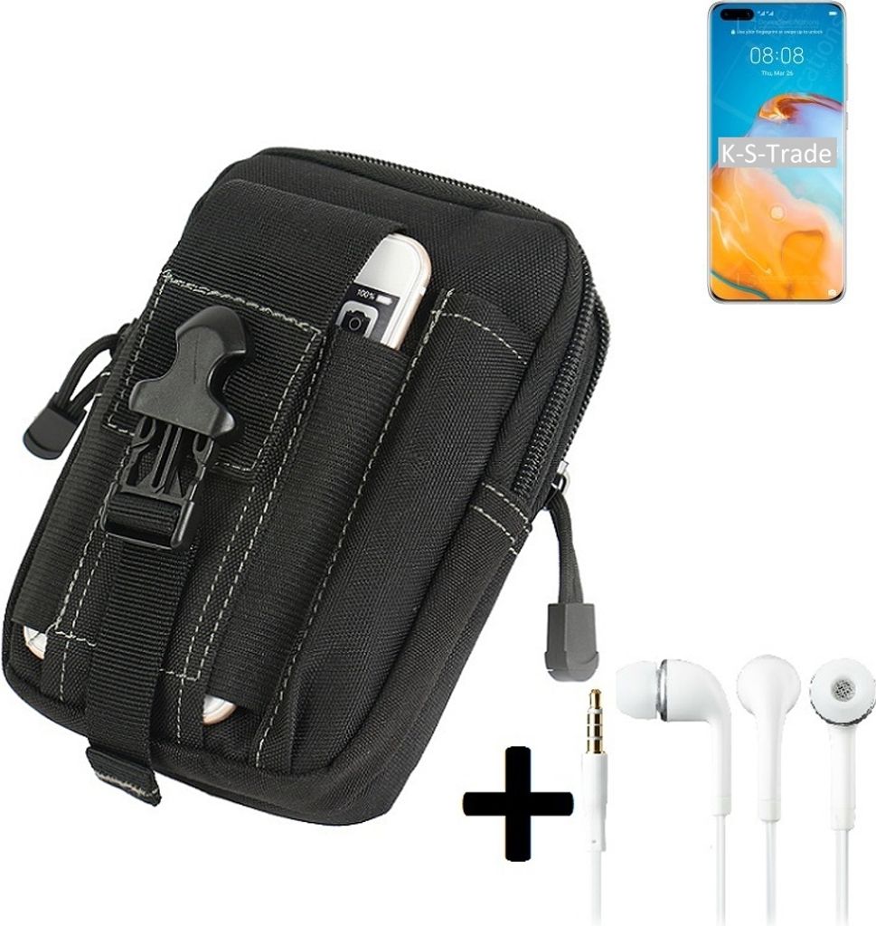 K-S-Trade Gürteltache + Kopfhörer kompatibel mit Huawei P40 Pro+ Gürtel Tasche Holster Schutz Hülle Handy Hülle schwarz inkl. Extrafächer