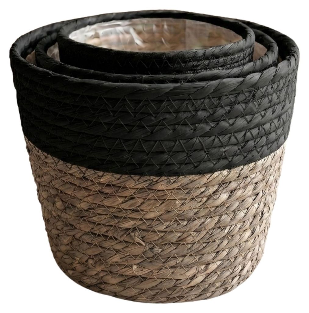 Pflanzen Übertopf Korb Geflochten, Boho Pflanztopf Seegras, Korbtopf Natur mit Folie, Schwarz