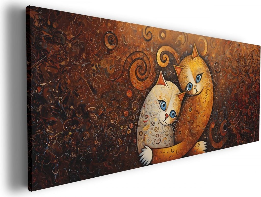 Wallario Premium Leinwandbild Malerisches Katzenduo in Größe 50 x 125 cm