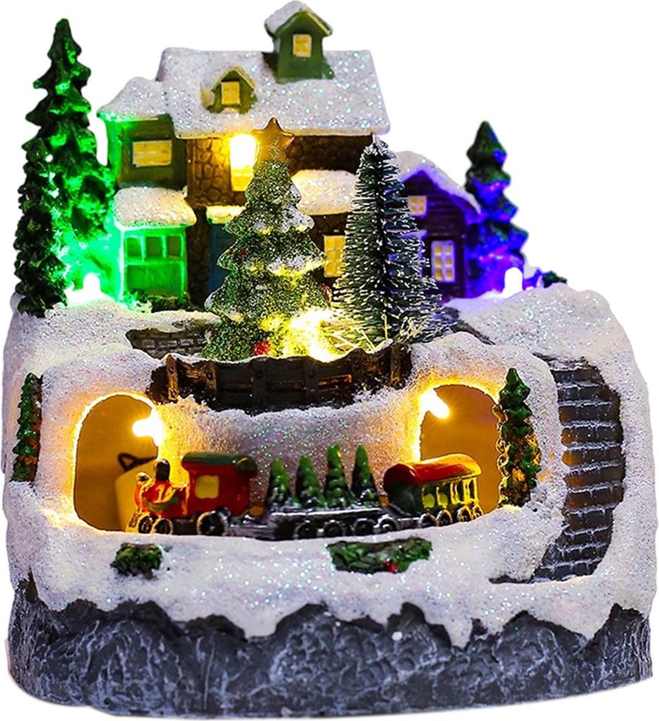 Weihnachts-Iglu-Ornamente, Kirchenfiguren mit drehbarer Eisenbahn, LED-Lichterkette und Spieluhr – Dekorative Weihnachtsdekoration, Festliches Ge...