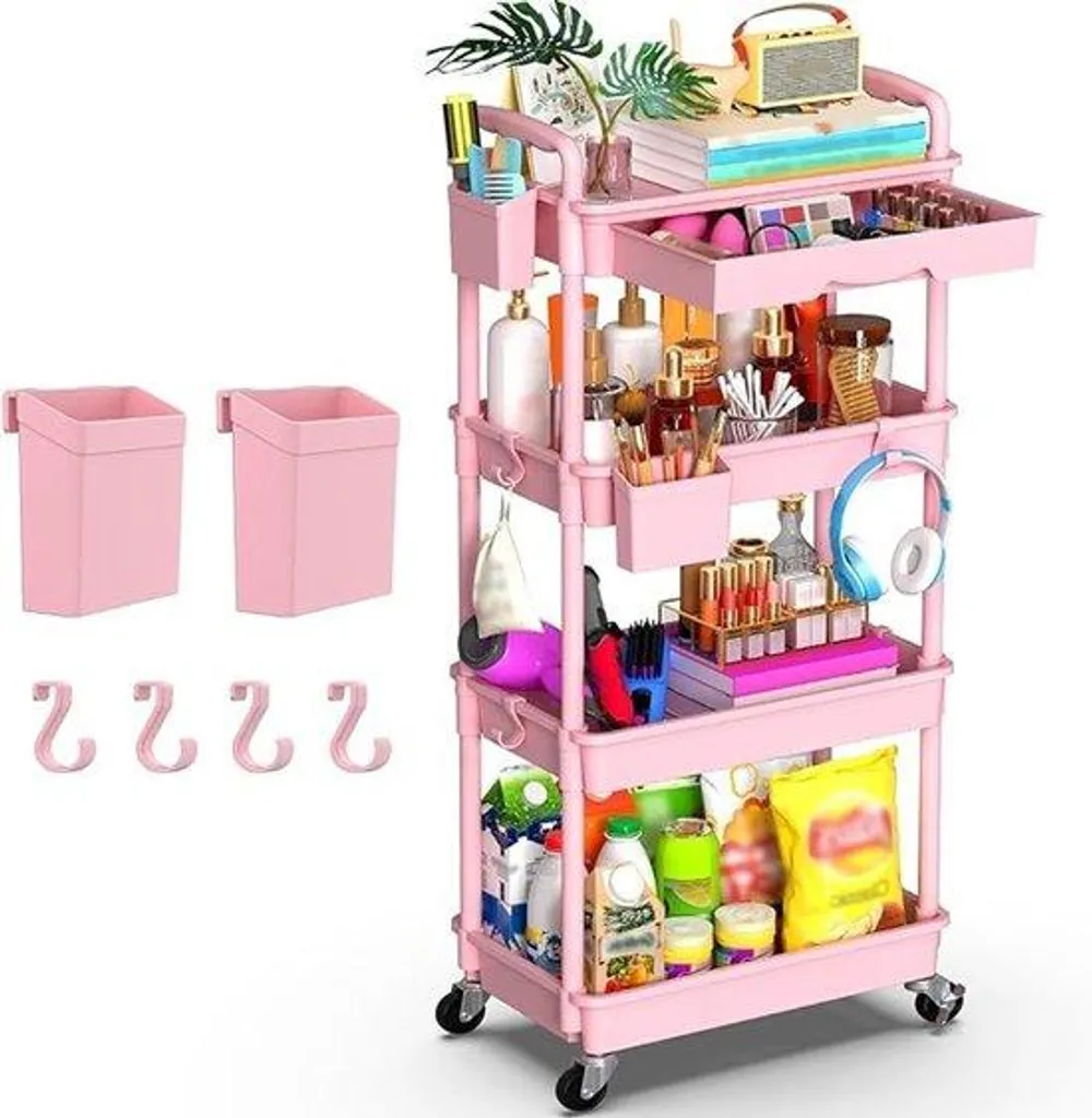 Organisateur rose 4 plateaux avec table de charge et roulettes stables