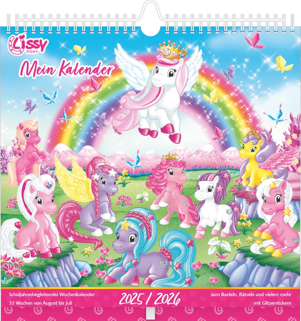 Lissy Pony - Lissy Pony Kalender 2026 - Bastel- und Rätselkalender 31×31 cm mit 53 Blättern & Glitzerstickern, Kreativkalender für Kinder