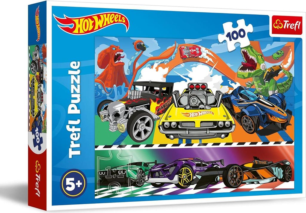 The image shows the front of a Trefl Hot Wheels 100-piece puzzle box, featuring various Hot Wheels cars and monster-like characters.