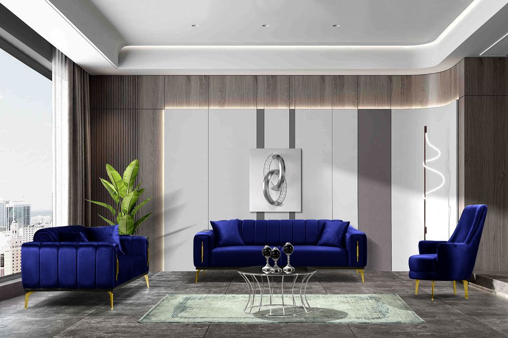 Couchgarnitur Polstergruppe Hero: 3+3+1 / Marineblau / Füße-Farben: Gold / 3-Sitzer mit Bettfunktion