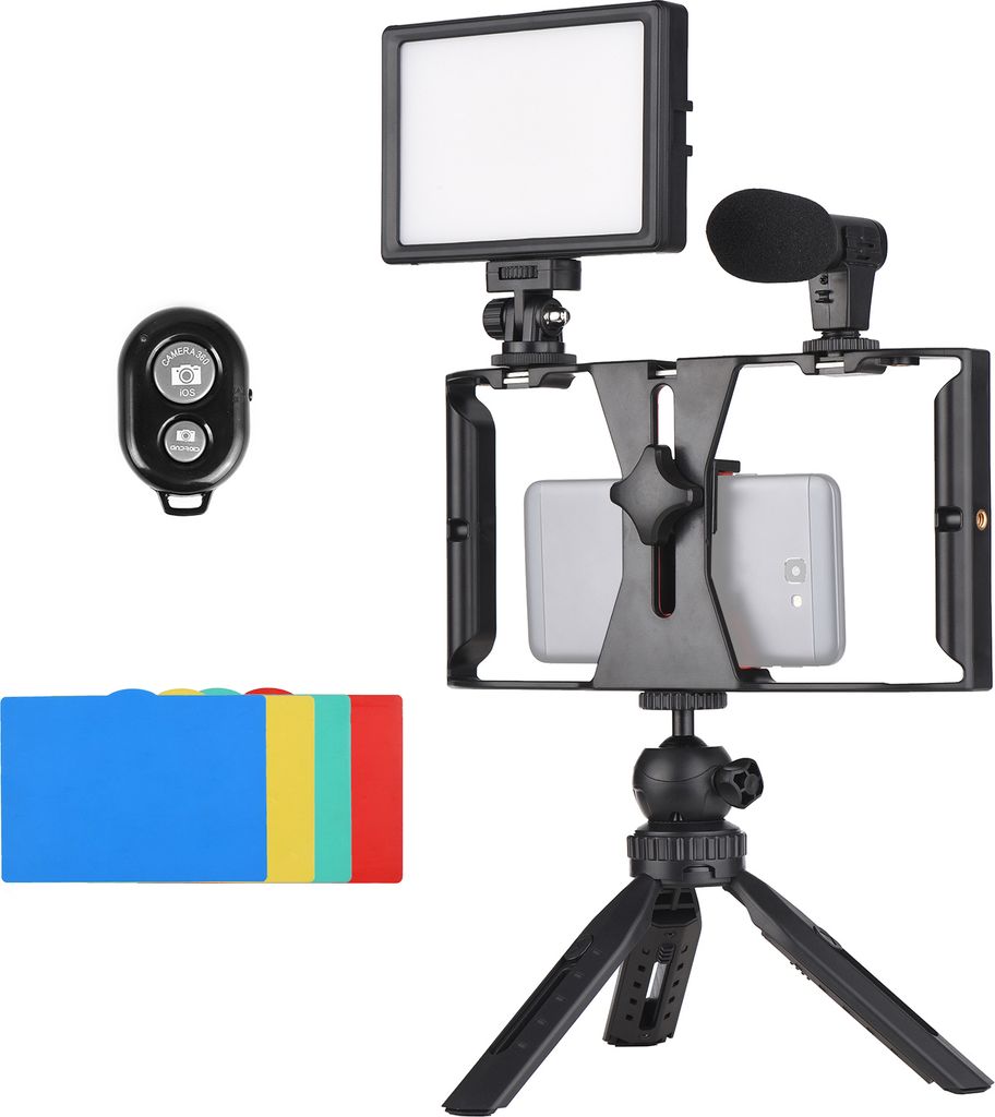 Andoer Smartphone-Video-Rig-Vlog-Kit inklusive Smartphone-Kaefig mit Telefonklemme 3 Kaltschuhhalterungen + USB-LED-Videoleuchte 3200K-5600K