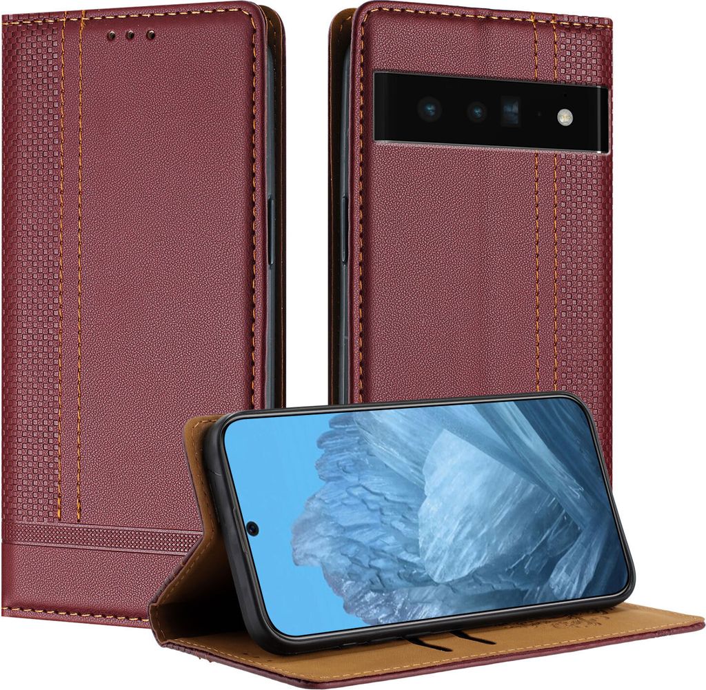 Handyhülle für Google Pixel 6 Pro Leder Flip Klappbare Schutzhülle mit Standfunktion Dunkelrot
