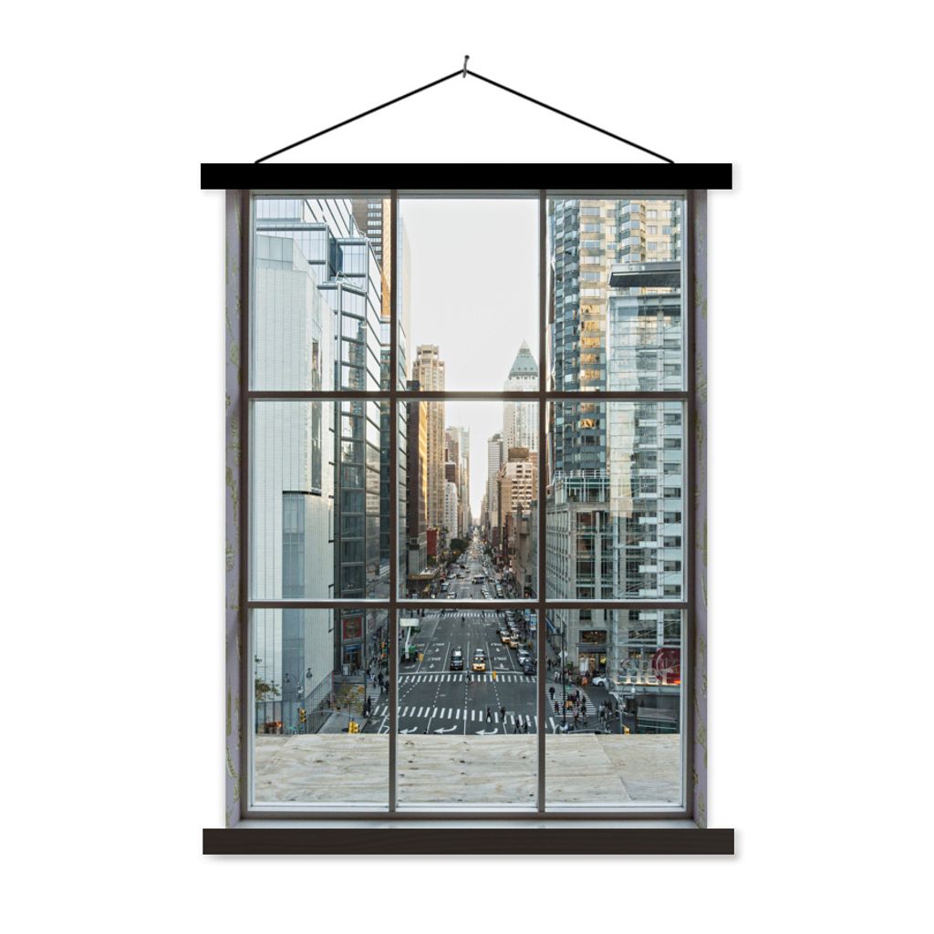 MuchoWow Textilposter New York vom Fenster aus 120x160 cm mit schwarzem Rahmen - Magnetischer