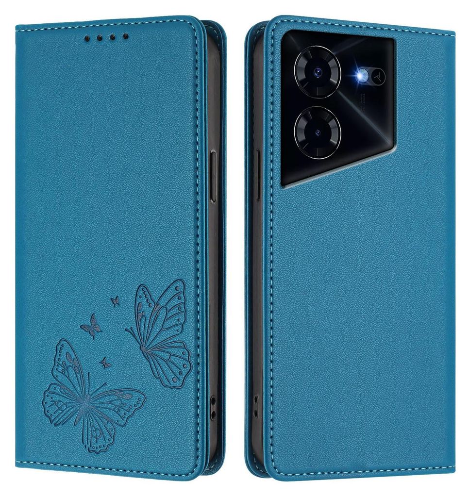 Lederhülle für Tecno Pova 5 Pro 5G, Schmetterling Prägung Leder Brieftasche Schutzhülle mit Ständer Blau
