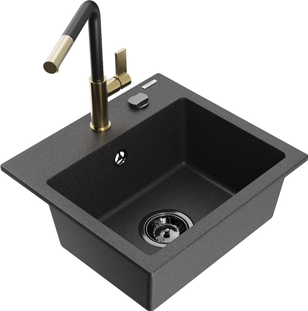Mexen Milo 1-Becken-Granitspüle mit Mischbatterie Flora, Schwarz gesprenkelt - 6505-76-670401-57-B