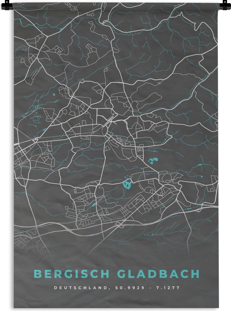 MuchoWow Wandteppich Wandbehang Stadtplan - Deutschland - Blau - Bergisch Gladbach - Karte 60x90 cm Tapisserie Dekoration Wandtuch - Foto-Teppich...