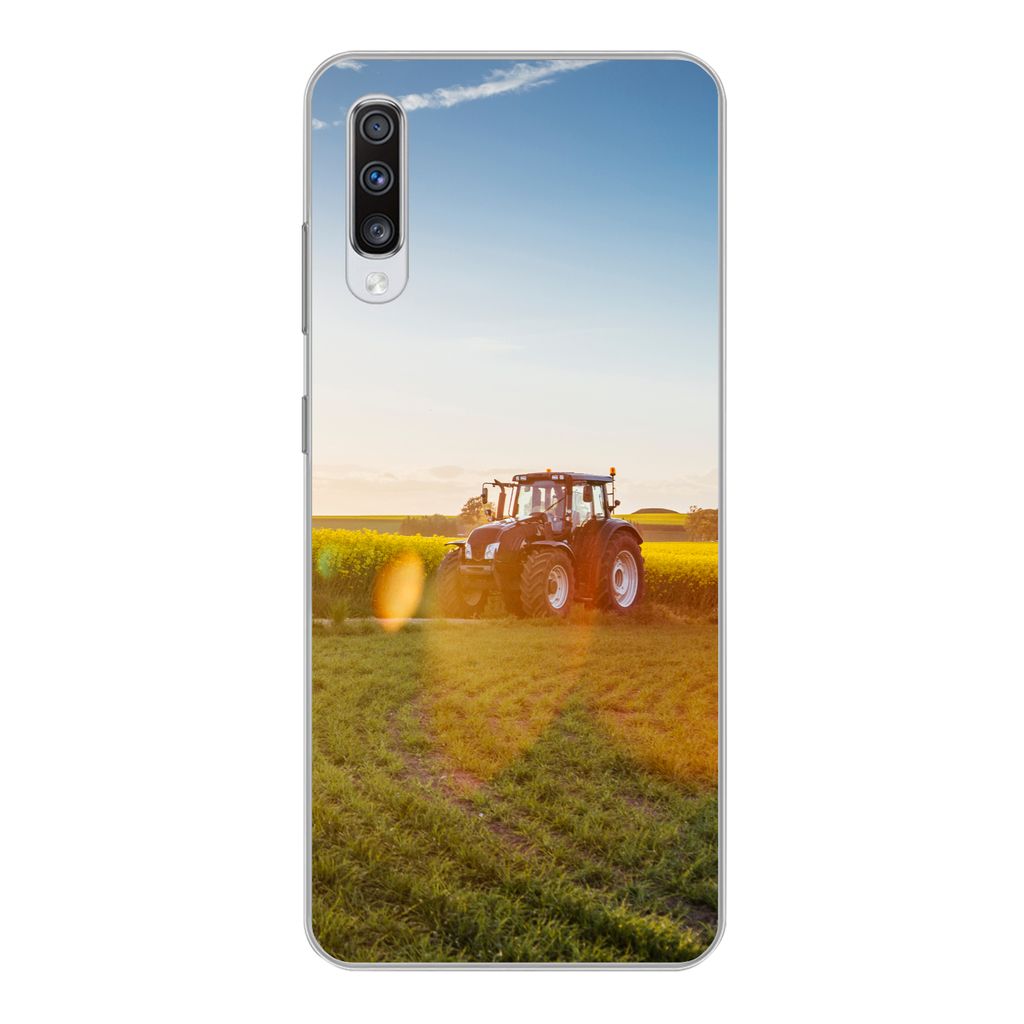 MuchoWow Handyhülle Schutzhülle Hülle für Samsung Galaxy A70 Traktor - Gras - Sonnenuntergang Silikon Softcase Handy Hülle - Schutzhaube