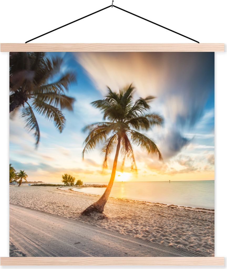 MuchoWow Textilposter Sonnenuntergang - Strand - Palme 120x120 cm mit holzfarbenen Rahmen - Textil-Poster