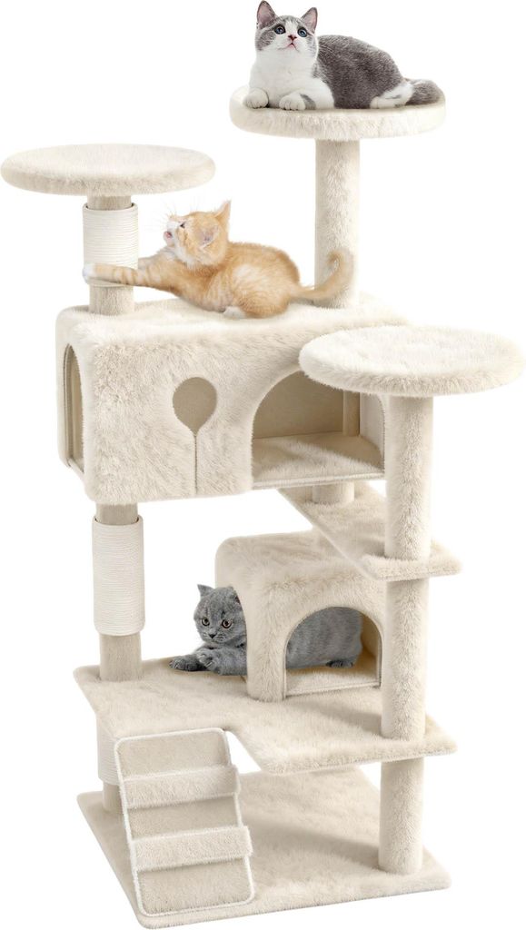 UISEBRT Beige Katzenbaum 130 cm – Stabiler Kratzbaum mit Höhle, Sisal-Pfosten, Plattformen & Katzenregal Kletterturm Spiel- & Schlafplatz