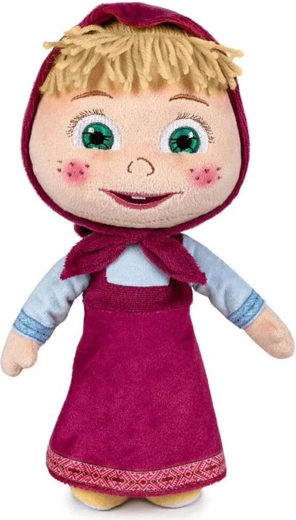 A plush doll of the character Masha from the animated series Masha and the Bear.