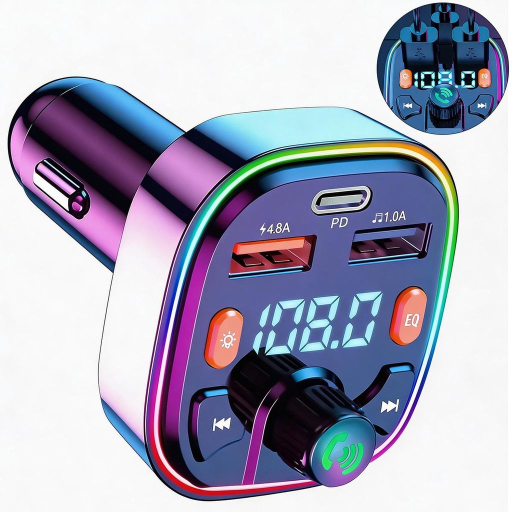 Auto Bluetooth Adapter FM Sender 12–24V Dual USB Ladegerät LED Ambientebeleuchtung Freisprechen