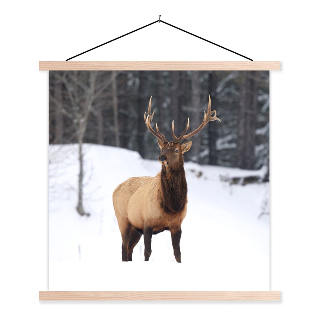 MuchoWow Textilposter Rotwild - Schnee - Winter 60x60 cm mit holzfarbenen Rahmen - Wanddekoration