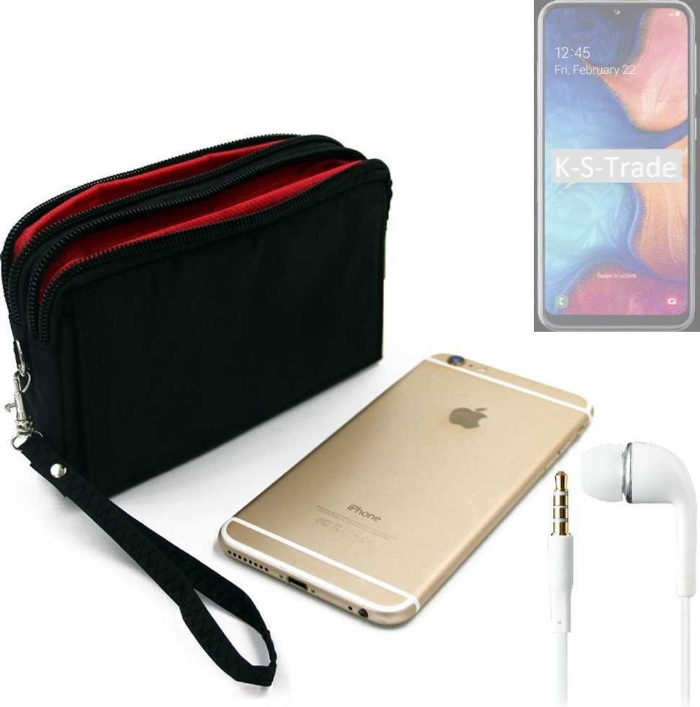 TOP SET kompatibel mit Samsung Galaxy A20e Handy Hülle Gürteltasche schwarz + Kopfhörer Travel Bag Travel-Case mit Diebstahlschutz praktische