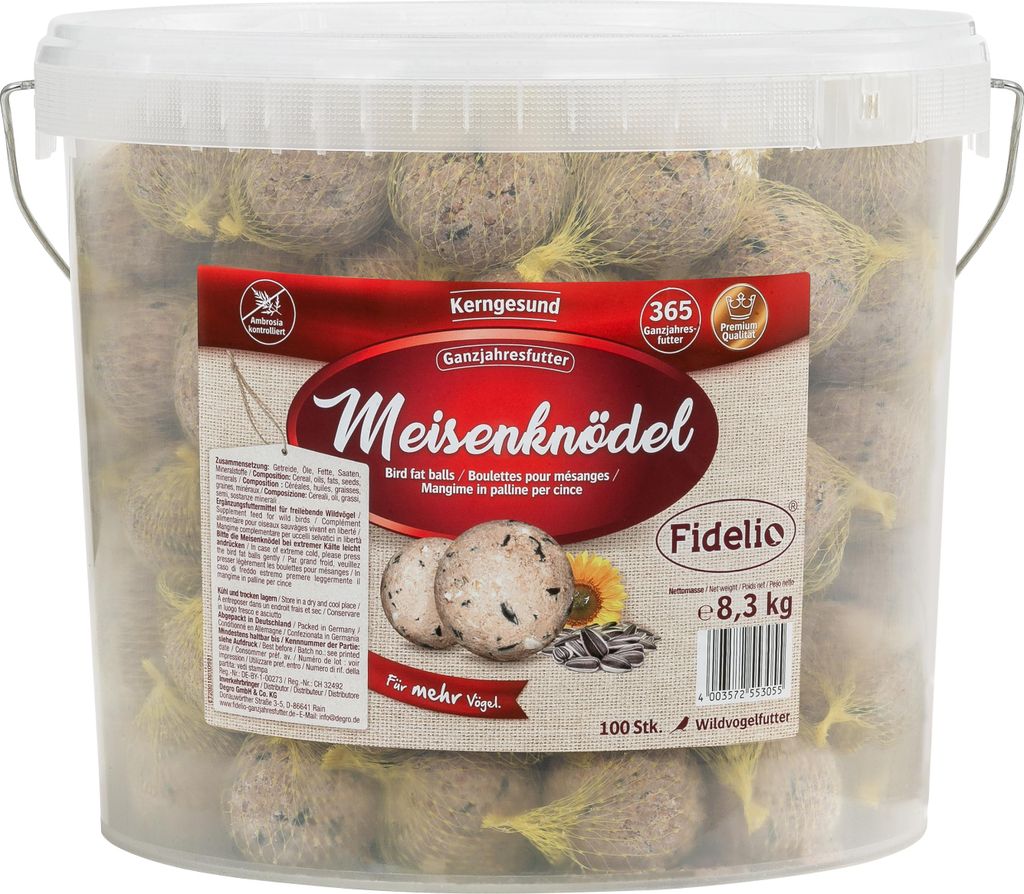 Fidelio Meisenknödel mit Netz, ganzjähriges Wildvogelfutter proteinreich / energiereich, hochwertiges Vogelfutter für Wildvögel, 100 Stück im ...