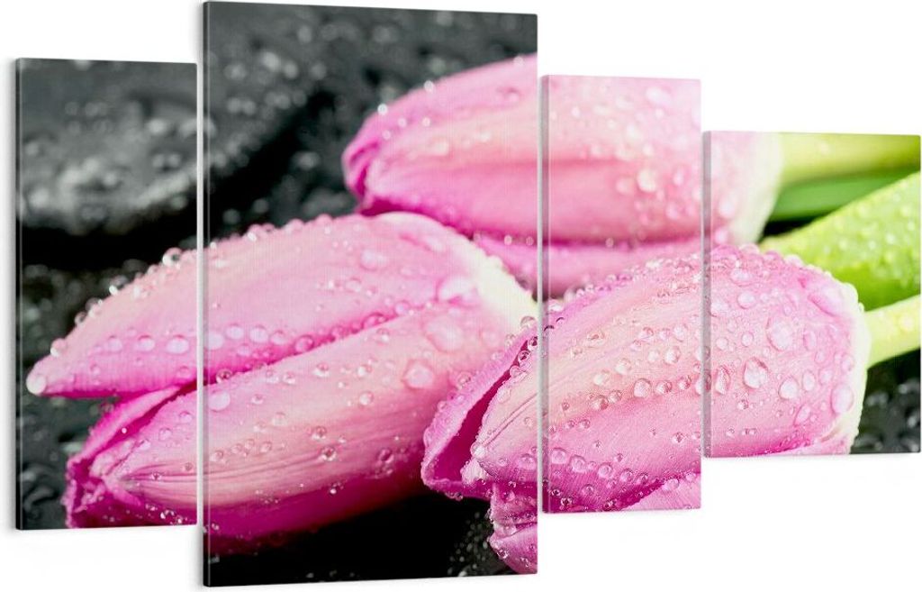 Bild auf Leinwand - Leinwandbild - Tulpen Tau Steine Pflanze - 120x70cm - Wand Bild - Wanddeko - Leinwanddruck - Bilder - Kunstdruck - Wanddekorati...
