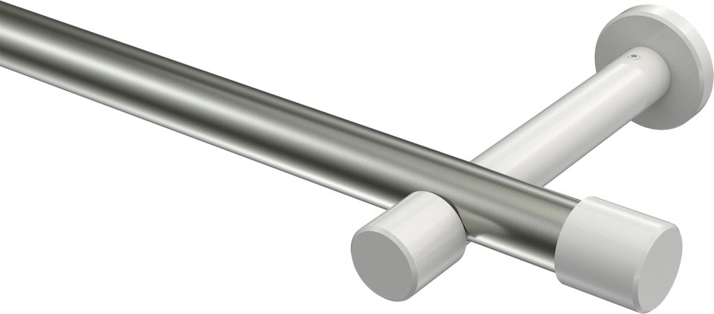 Interdeco Gardinenstange / Vorhangstange Edelstahl-Optik / Weiß, Typ Prestige Santo (Kappe) ohne Ringe, 20 mm Ø 1-läufig, 240 cm