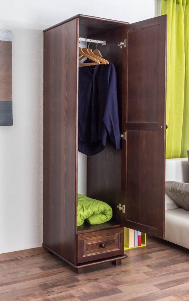 Schlafzimmer - Kleiderschrank schmal, Kiefer Massivholz Nussfarben - Abmessung 190 x 47 x 60 cm (H x B x T)