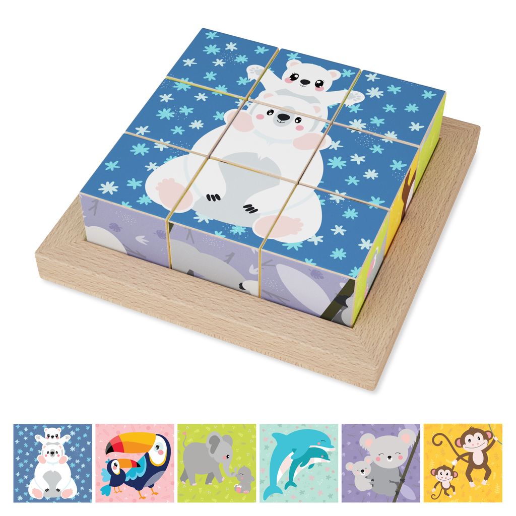 Merle Toys - Bilderwürfel Puzzle aus Holz: Kinderspielzeug und Montessori Spielzeug, Motorikspielzeug für Kinder ab 2 3 4 Jahren, Holzspielzeug