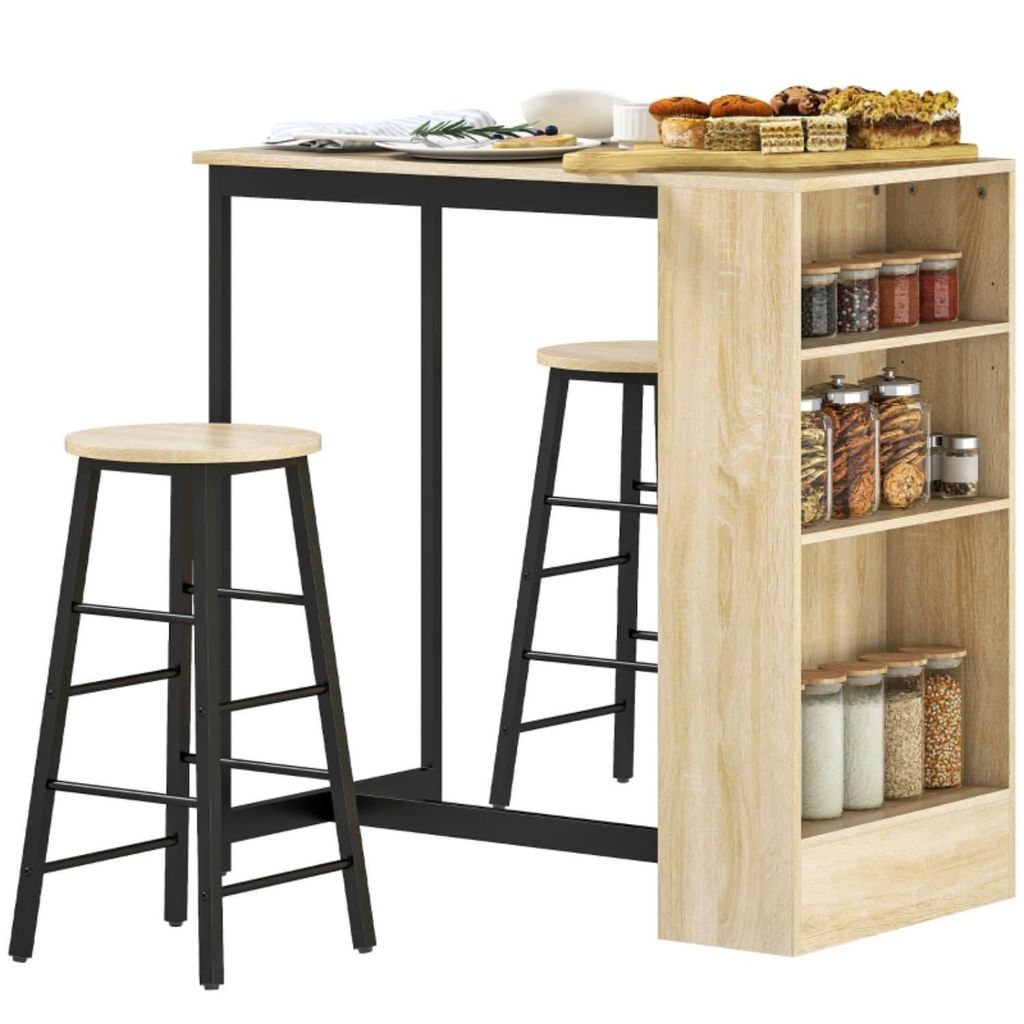 3-teiliges Bartisch-Set,1 Tresen,2 Stühle,mit Stauraum und Fußstützen im Modern-Stil, Platzsparend Essgruppe für Esszimmer, Küche, Stahl, Eiche