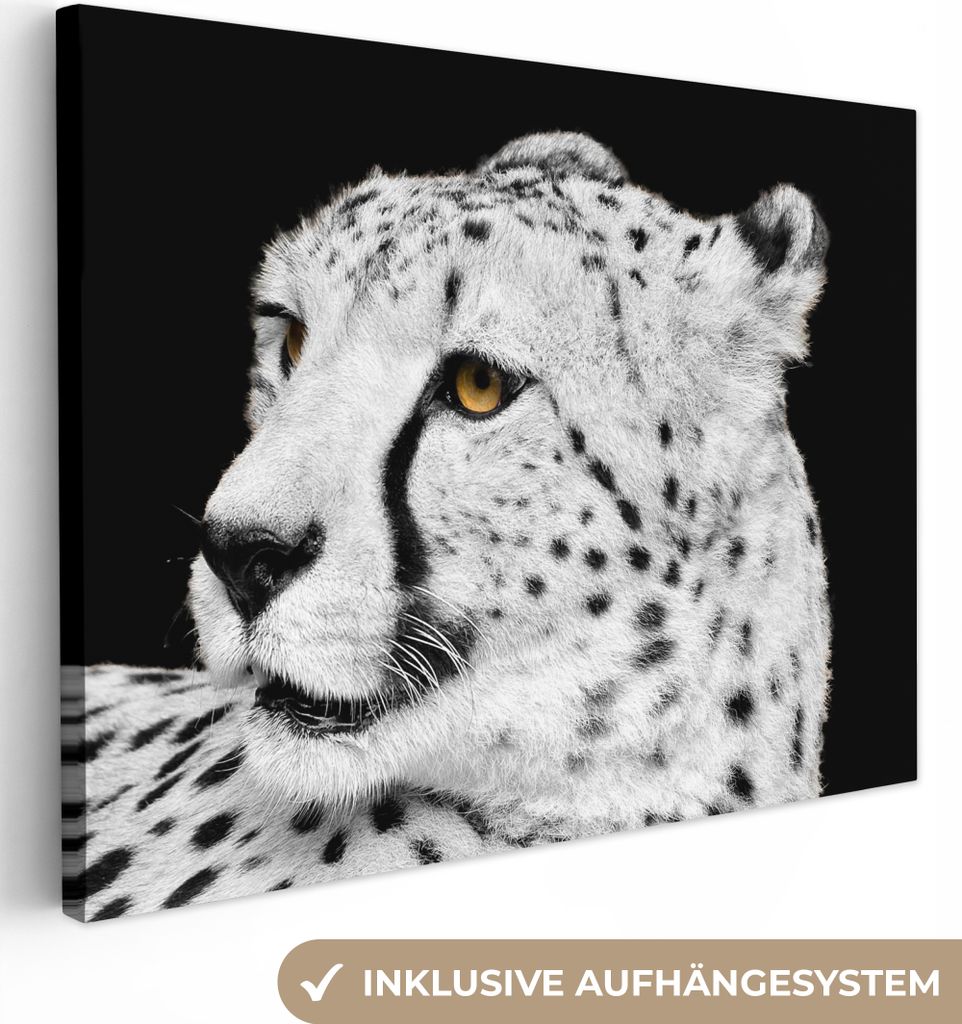 MuchoWow - Leinwandbilder - Leopard - Weiß - Schwarz, Wandbild, Wanddeko Bilder Wohnzimmer, 120x90 cm