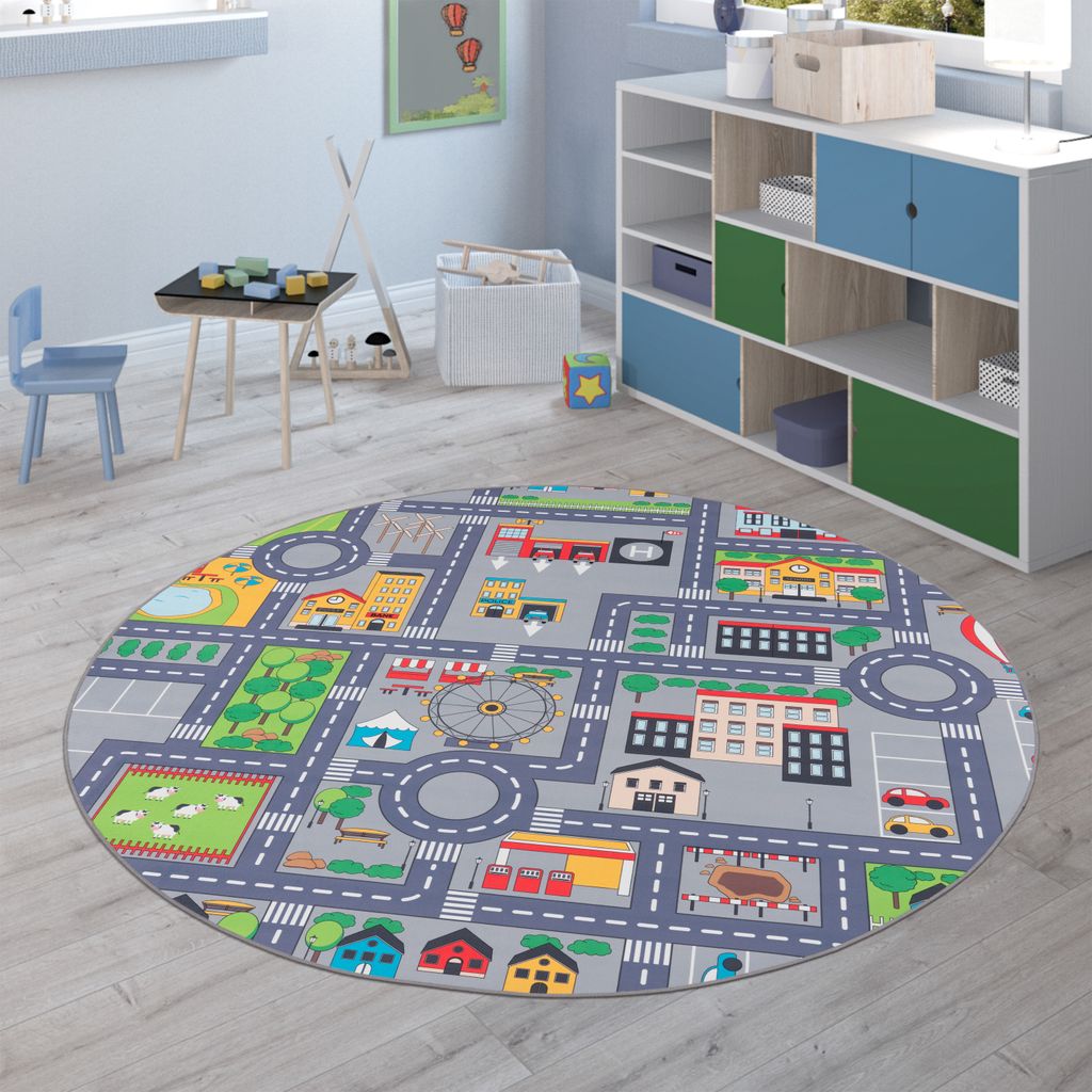 Kinderteppich Teppich Rund Grau Kinderzimmer Spielteppich Straßenteppich Modern Grösse 160 cm Rund