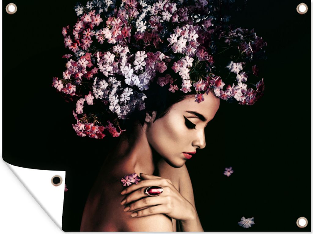 MuchoWow 80x60 cm Outdoor-Poster Gartendeko Sichtschutz Garten Poster für den Garten Blossom - Frau - Rosa - Luxus