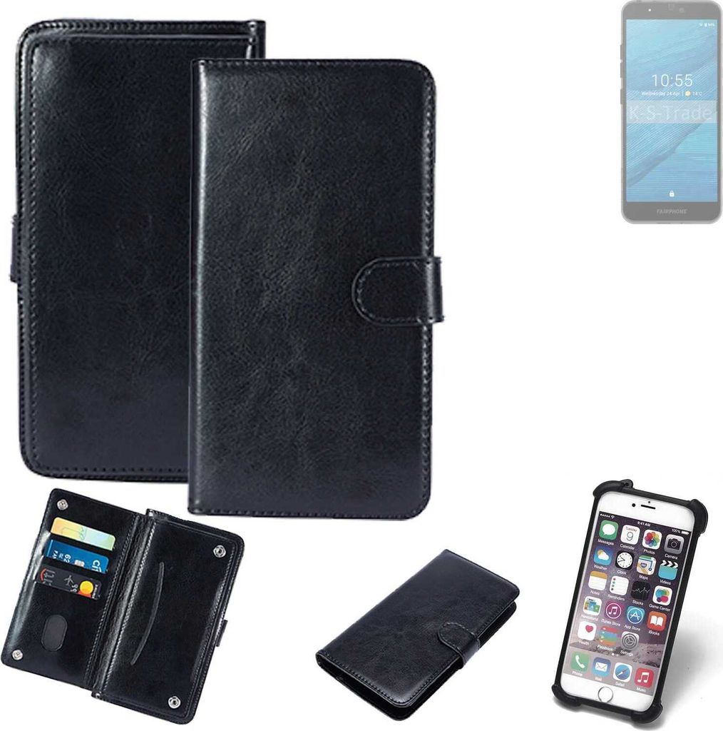 K-S-Trade 360° Hülle kompatibel mit Fairphone Fairphone 3 schwarz Kunstleder Case BookCase WalletCase Kunstlederederhülle Handyhülle, Rundumschutz
