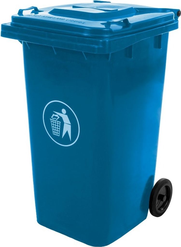 A blue trash can with a recycling symbol on a white background.