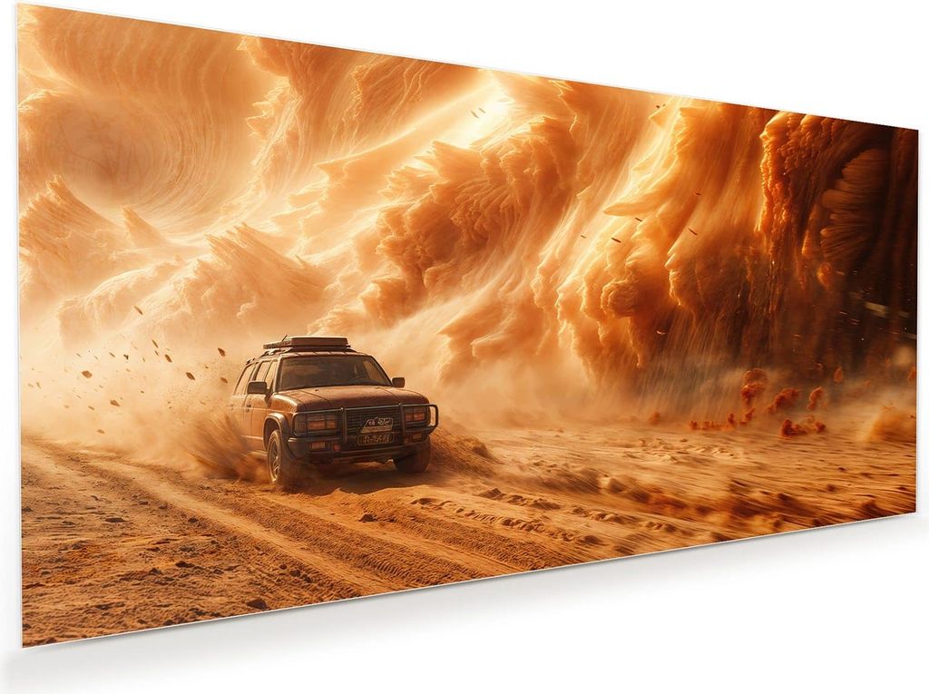 Glasbild 60x30cm in XXL für Wohnzimmer, Schlafzimmer Motiv Sandsturm Jeep Abenteuer