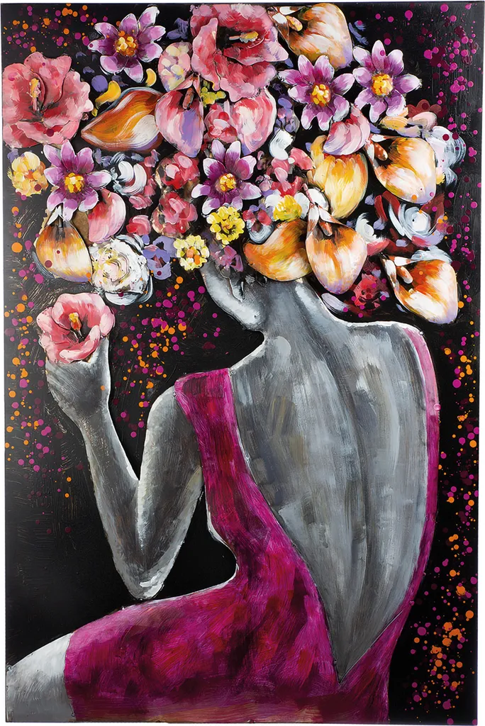 Grand Tableau 3D Métal Rose et Gris Florenzia - Motif Femme 80x120 cm