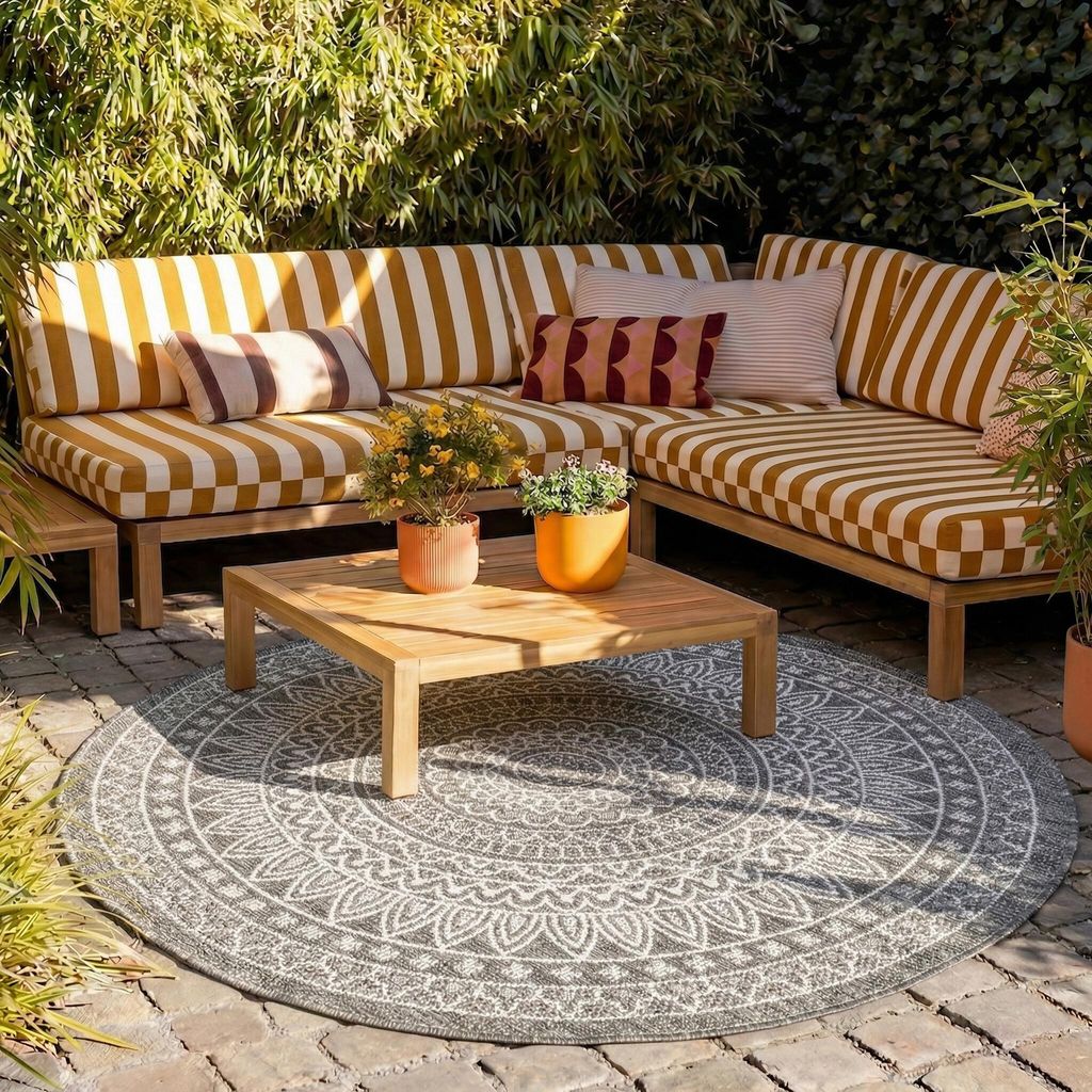 Volero - Outdoor Teppich Rund - Summer Azteca Grau - Ø 280 cm - Balkon, Garten, Terrasse - Boho, Ländlich, Modern