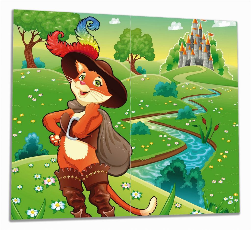 Wallario Herdabdeckplatte aus Glas, Größe 60 x 52 cm 2-teilig, Motiv Gestiefelter Kater