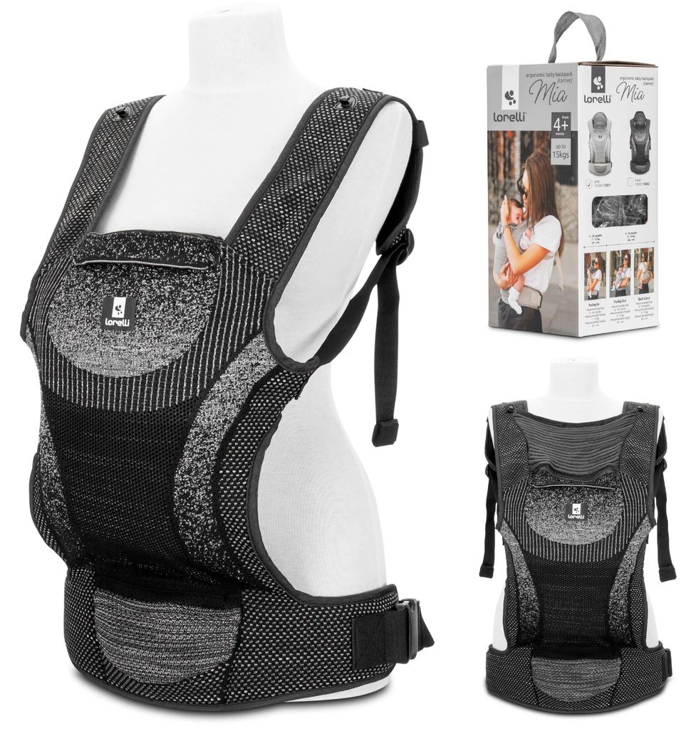 Lorelli Mia ergonomische Babytrage 4-36 Monate bis 15 kg Kindertrage mit Kapuze 3 Tragepositionen verstellbar