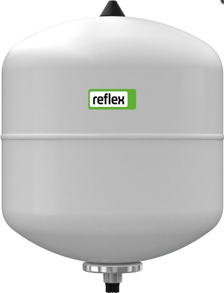 A white Reflex brand expansion vessel with a black cap on top and a silver fitting at the bottom, set against a plain white background. A green rectangular label with the word 'reflex' in white text is visible on the front of the vessel.
