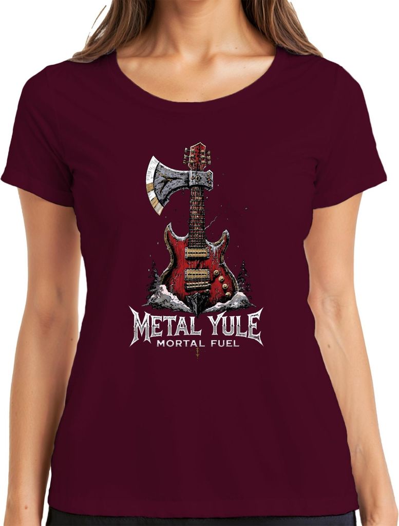 Metal Yule Mortal Fuel Weihnachtsmetal E Gitarre Rock Geschenk Damen T-Shirt, Burgundy, M