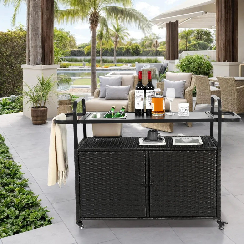 Desserte de Jardin avec Cabinet de Rangement et Plateau Acier Mobile