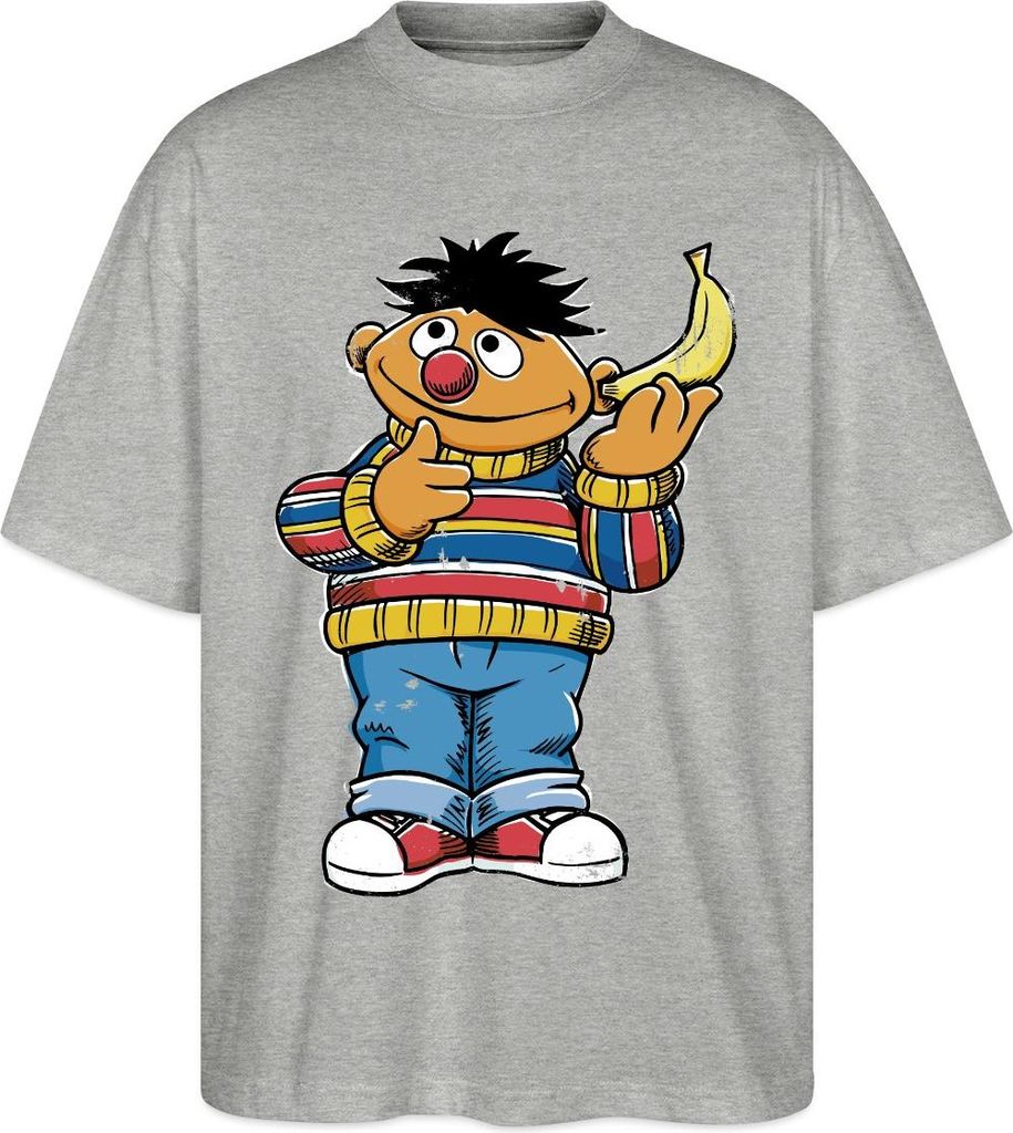 Spreadshirt Sesamstraße Ernie Mit Banane Pose Lustig Used Look Oversize Uni T-Shirt, M, Grau meliert