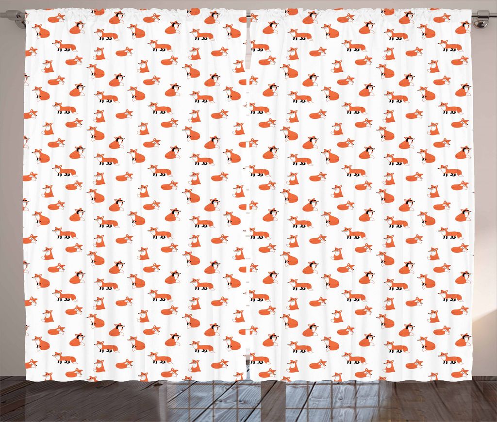 ABAKUHAUS Fuchs Rustikaler Vorhang, Cartoon-Tiermuster, Wohnzimmer Universalband Gardinen mit Schlaufen und Haken, 280 x 245 cm, Orange Weiss