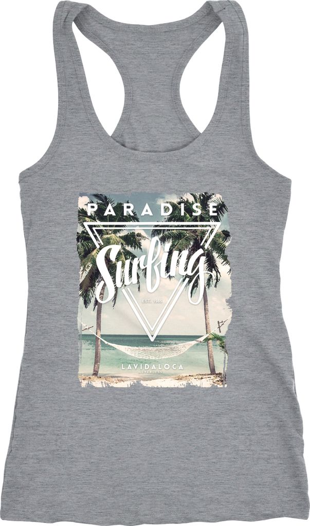 Damen Tank Top Tanktop Excotic Island Paradise Surfing Summer Sommer Hängematte Palmen Neverless grau S