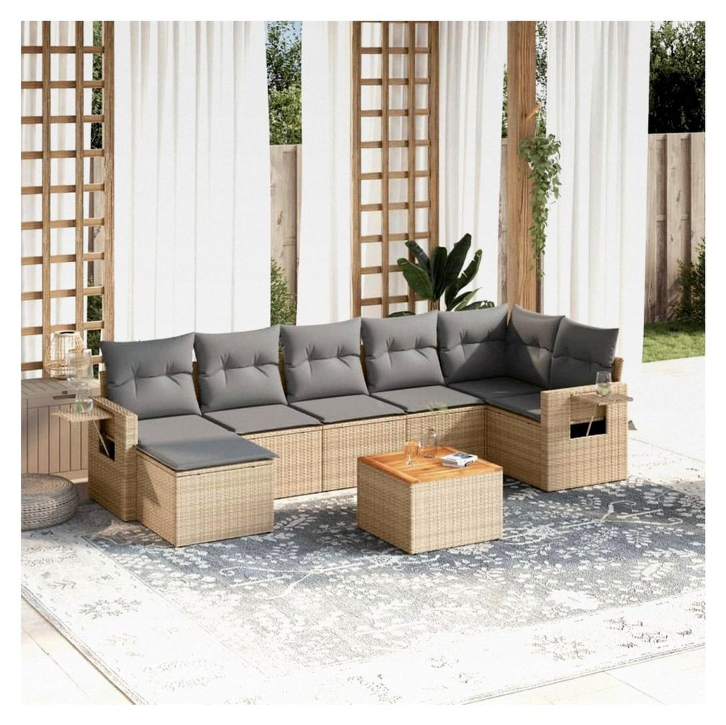 Gartenmöbel-Set mit Kissen, Beige, 8-teilig, PE-Rattan