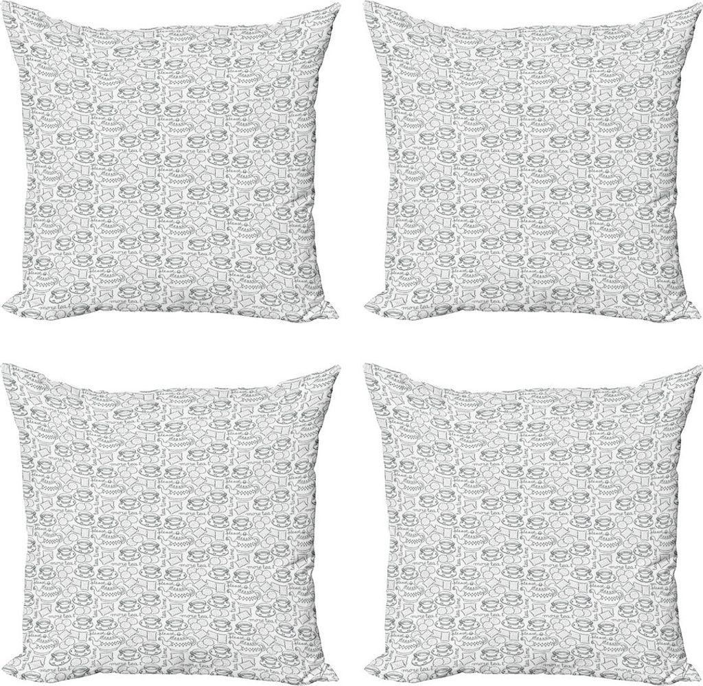 ABAKUHAUS Tee-Party Kissenbezug Set (4 Stück), Geschirr Muster, Moderner Doppelseitiger Digitaldruck, 45 cm x 45 cm, Grau weiß