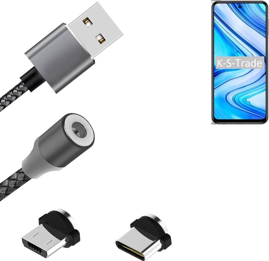 K-S-Trade Hochwertiges Magnet-Lade-kabel Sync-Kabel Daten-Kabel für Xiaomi Redmi Note 9S mit USB-Typ-C-Anschluss und Micro-USB-Anschluss 2A bis zu