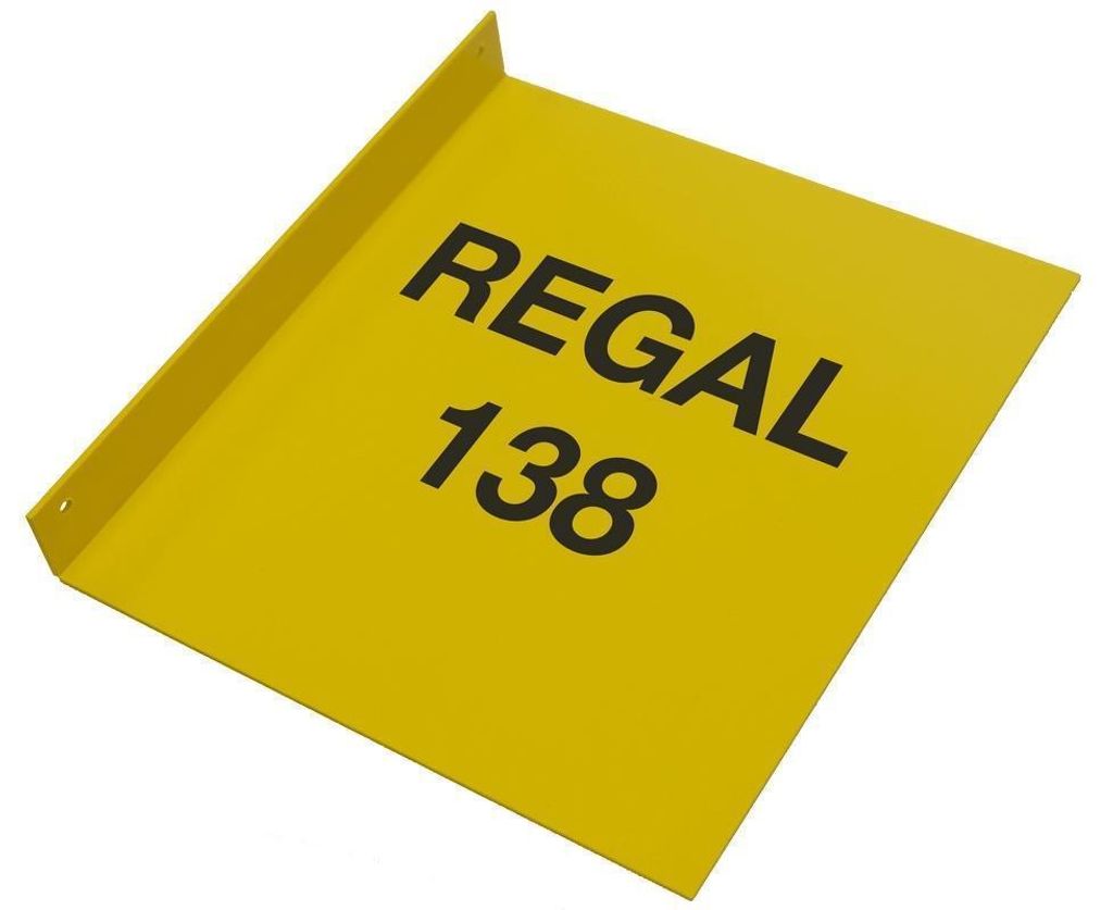 Regalschild L-Fahne quer, gelb mit schwarzem individuellem Aufdruck, zur Regalkennzeichnung im Lagerbereich, Format (BxH) 210/240 x 150 mm, Verpack...
